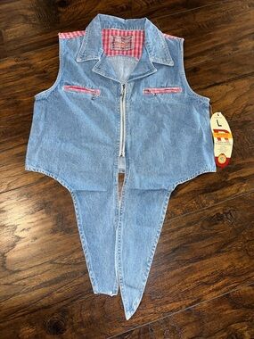 Revolt Light Washed Fade Blue Denim Sleeveless Tie Up Zip Crop Belly Top